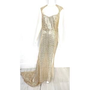 gold sequin long sleeve gown.